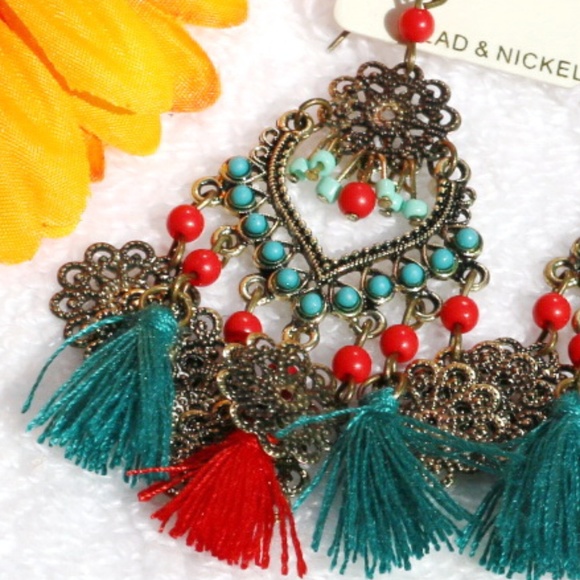 Boho Earrings Turquoise & Red Tassel Dangles - Picture 4 of 5